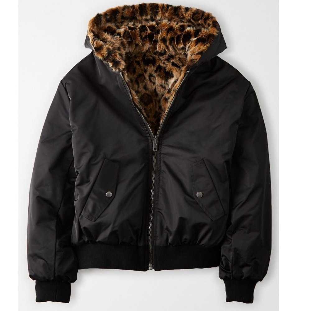 AE reversible leopard faux fur bomber jacket